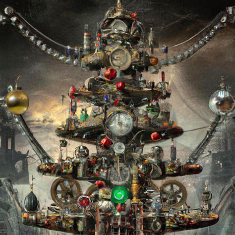 Generative AI Steampunk Christmas Tree In Space Stock Illustration