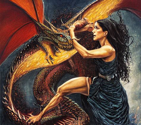 Krea Ai Intricate Painting Of Salma Hayek Fighting A Drago