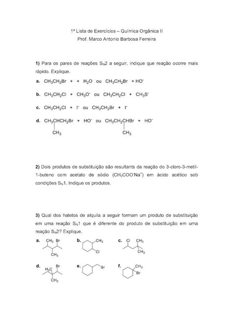 PDF 1ª Lista de Exercícios Química Orgânica II Prof Marco 1ª