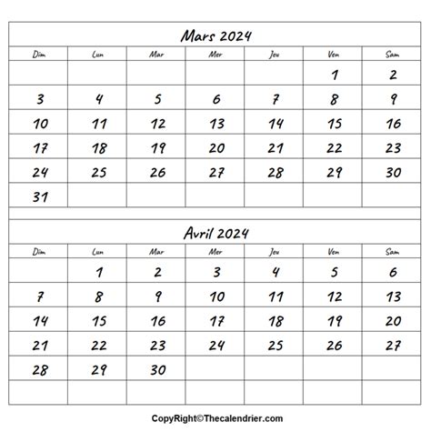 Calendrier Mars Et Avril Image To U