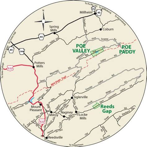 A Circular Map That Shows The Roads Surrounding Poe Valley State Park