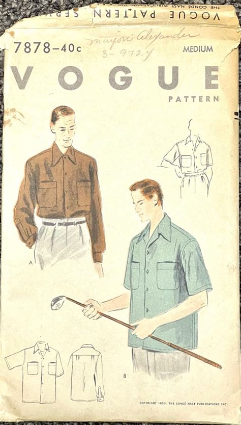 Vintage Sewing Pattern Mens Shirt Vogue Pattern No 7878 Size Medium 1953