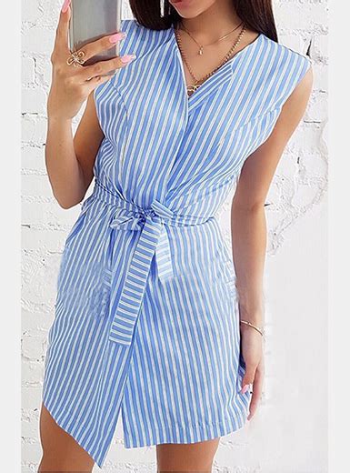 Womens Vertically Striped Dress Short Sleeves Tie Belt Dark Blue