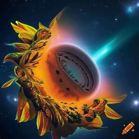 Spaceship In Space With A Sunflower Incorporated Into Its Sleek