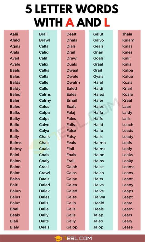 5 Letter Words With A And L 300 English Words • 7esl