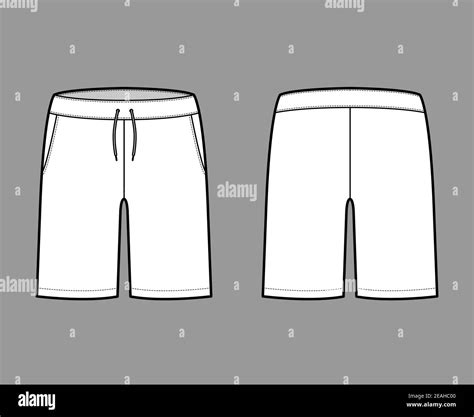 Short preppy pants technical fashion illustration with mid-thigh Classic Bermuda length, low ...