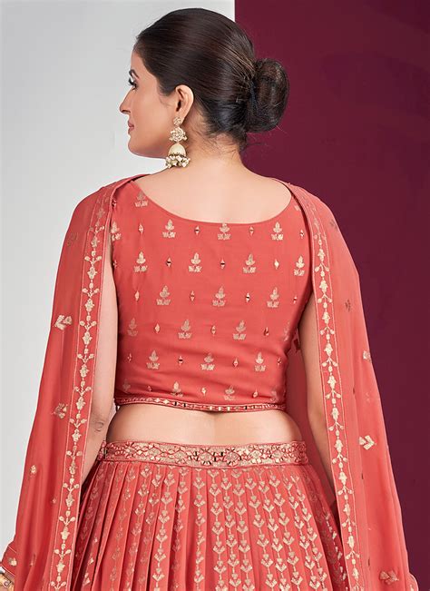 Buy Coral Georgette Wedding Wear Mirror Work Ready To Wear Lehenga