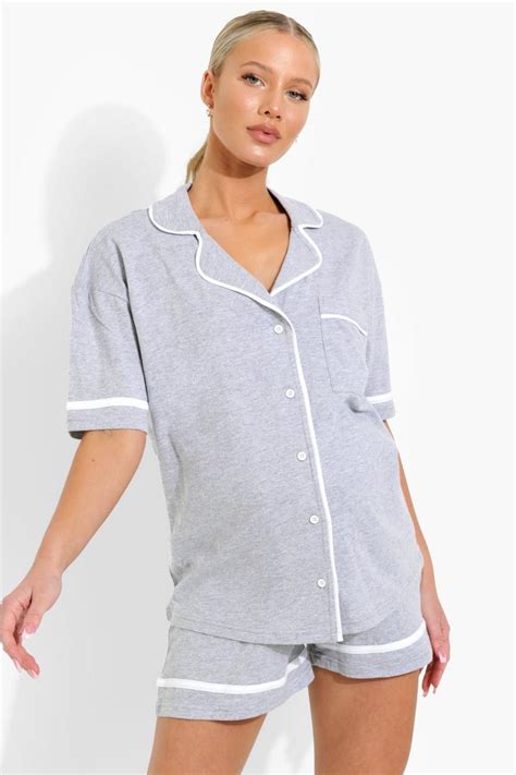 Womens Maternity Jersey Button Through Short Pj Set Boohoo Uk