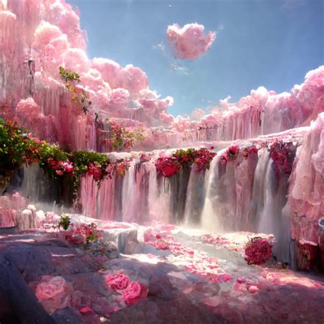 Pink Waterfalls Are Covered With Pink Roses There Are Midjourney