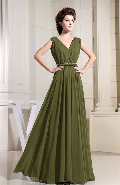 Olive Green Bridesmaid Dress Casual V Neck Sleeveless Chiffon Pleated