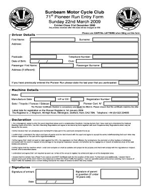 Fillable Online Pioneer Run Entry Form 2009 Sunbeam MCC Fax Email