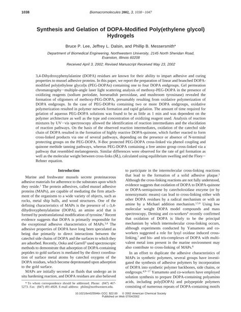 Pdf Synthesis And Gelation Of Dopa Modified Poly Ethylene Pdf