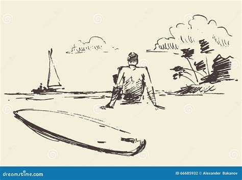 Drawn Man Sitting Beach Surfboard Vector Sketch