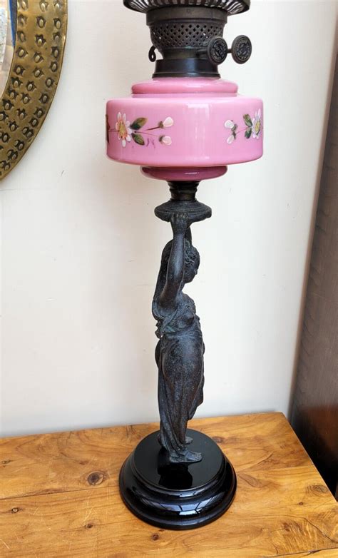 Victorian Figural Oil Lamp Pink Font Tulip Shade Grecian Lady Duplex