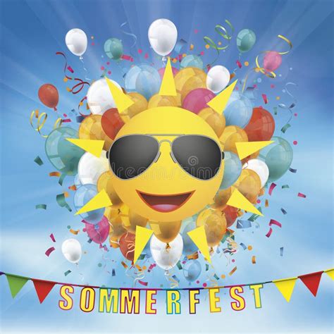 Sommerfest Sun Balloons Confetti Blue Sky Cover Stock Vector