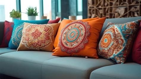 Premium AI Image | Pillows with a pattern on the sofa in the interior ...