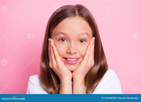 Photo Of Nice Optimistic Blond Girl Hands Face Wear White T Shirt