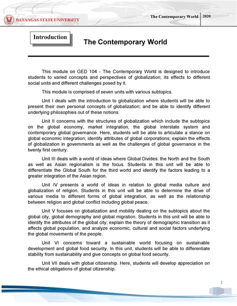 Module The Contemporary World For First Year Student The Contemporary