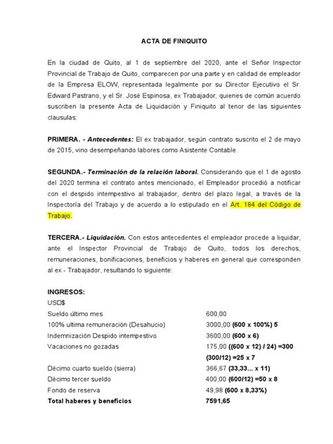 Acta De Finiquito Pdf Salario Labor