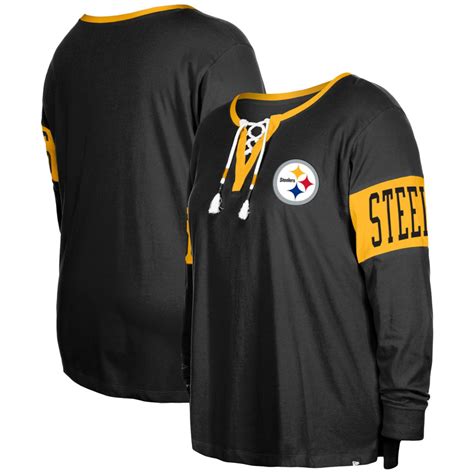 Women S New Era Black Pittsburgh Steelers Plus Size Lace Up Notch Neck Long Sleeve T Shirt