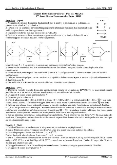 examen biochimie 2eme année biologie