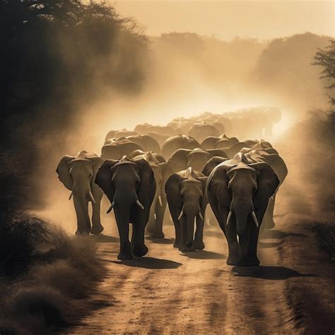 Premium Ai Image A Group Of Elephants Walking Down A Dusty Road In