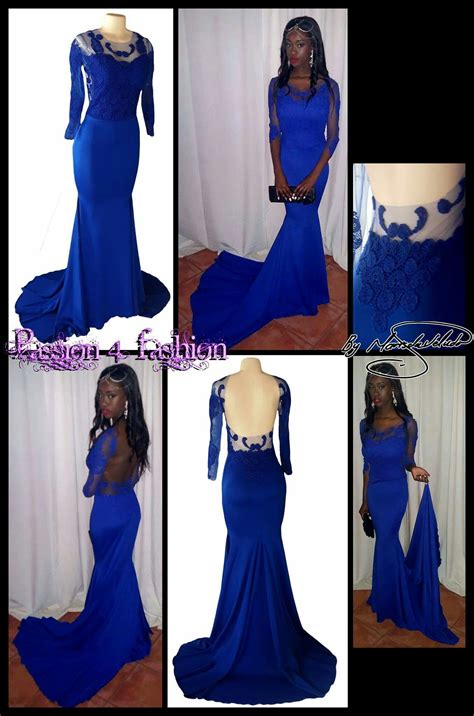 Royal Blue Soft Mermaid Lace Bodice Matric Farewell Dress With 3 4 Illusion Lace Sleeves