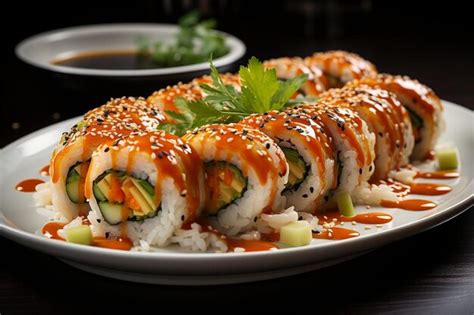 Premium Photo Sushi Rolls With Sriracha Sauce