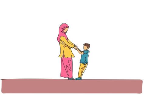 Une Seule Ligne Dessinant Une Mère Et Un Fils Arabes Jouant Ensemble à