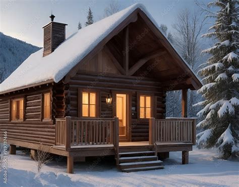 Ai Generated Illustration Of A Cozy Wooden Cabin In The Snow Featuring