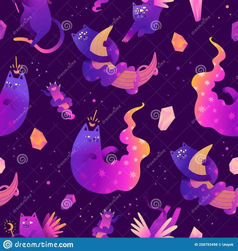 Mystical Seamless Pattern With Cartoon Shiny Cats Magic Characters Of