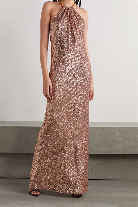 Rose Gold Embellished Sequined Tulle Halterneck Gown Tom Ford Net A