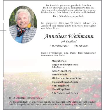 Traueranzeigen Von Anneliese Weihmann Om Trauer De