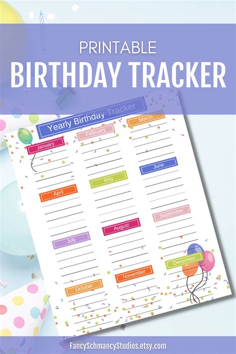 Yearly Birthday Calendar Printable Birthday Tracker Birthday List