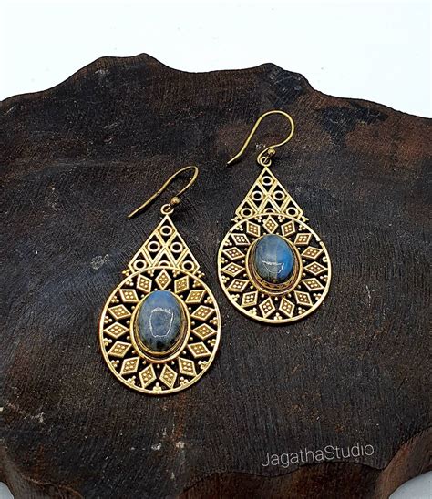 Gold Labradorit Tropfen Ohrringe Boho Ohrringe Ethnische Etsy