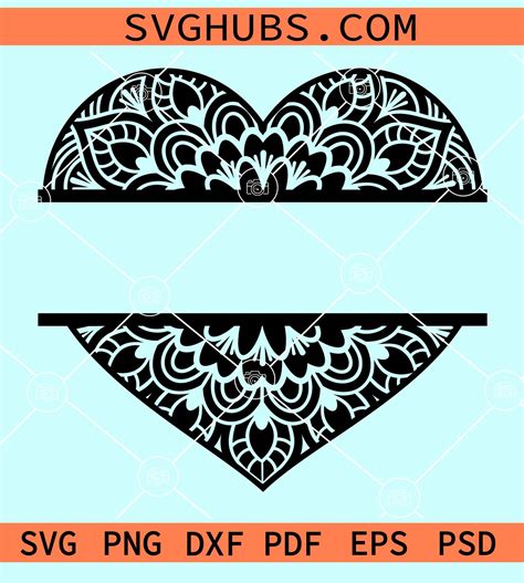 Split Heart Monogram Svg Heart Mandala Svg Heart Zentangle Svg Heart