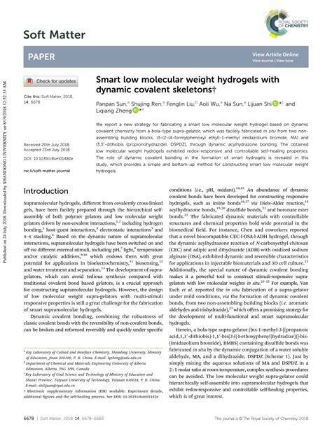 PDF Smart Low Molecular Weight Hydrogels With Dynamic Covalent Skeleton