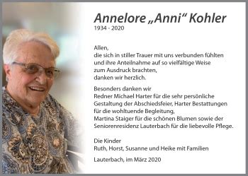 Traueranzeigen von Annelore Kohler Schwarzwälder Bote Trauer