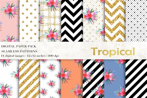 Tropical Digital Papers Glitter Seamless Patterns