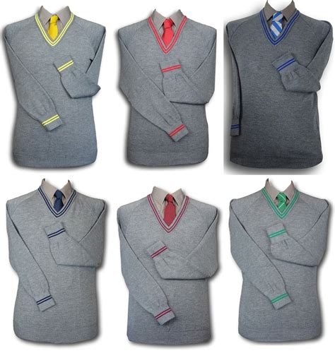 Grey WOOLLEN School Uniform 'V' Neck Jumpers - 6 Trim Colours - Neck & Cuffs | eBay