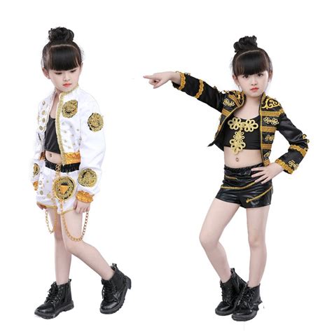 kids hiphop dance outfits for children girls white black modern dance show competition stage ...