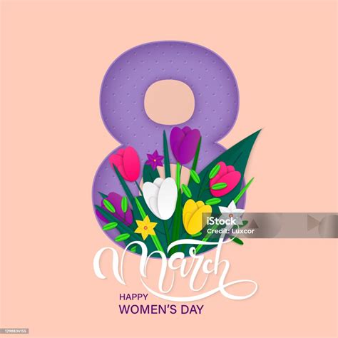 8 March Greeting Card For International Womens Day 3d Paper Cut Bouquet