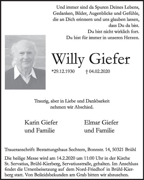 Traueranzeigen Von Willy Giefer WirTrauern