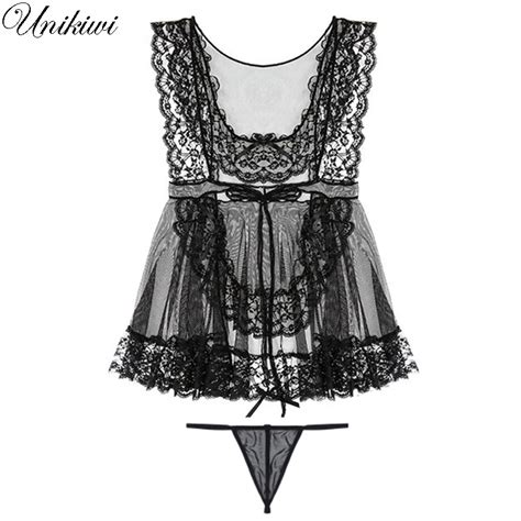 Women S Sexy Lingerie Transparent Lace Maid Uniform Nightgowns Backless