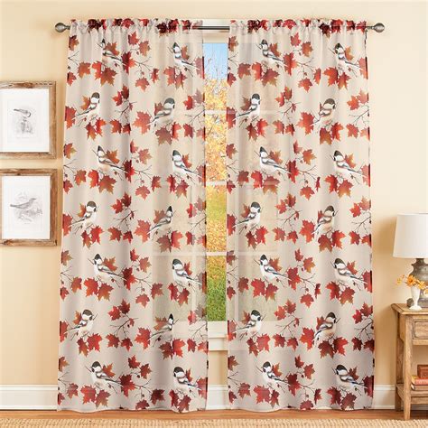 Chickadee And Fall Leaves Sheer Window Curtain Panel Collections Etc