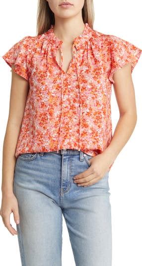 Bobeau Floral Tie Neck Flutter Sleeve Blouse Nordstrom