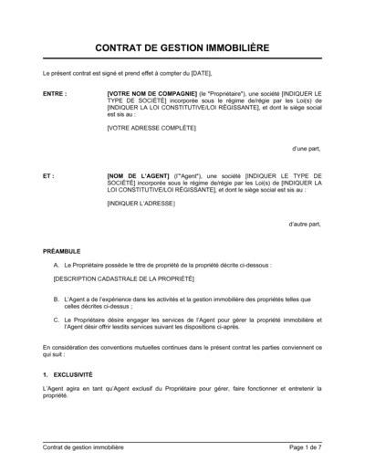 Contrat de gestion immobilière Download