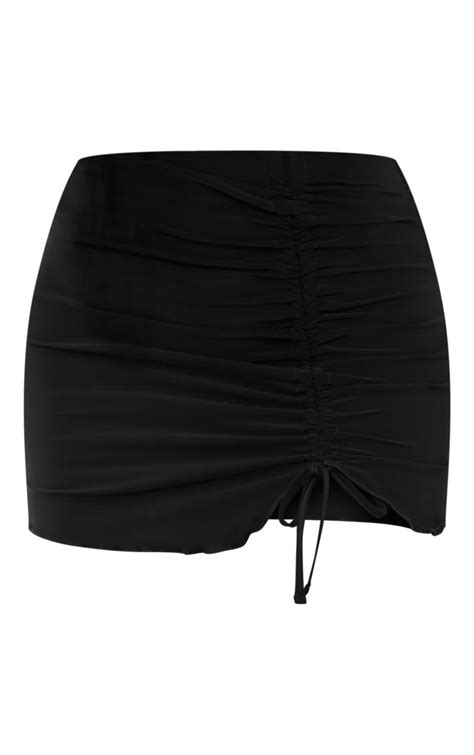 Black Slinky Ruched Front Lettuce Hem Mini Skirt Prettylittlething Ca