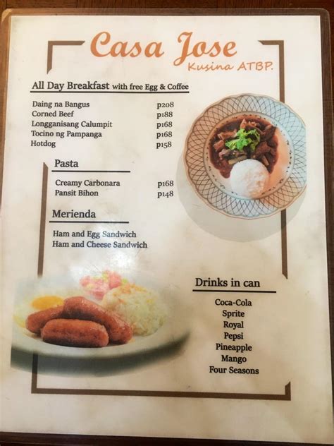 Menu at Casa Jose restaurant, Apalit