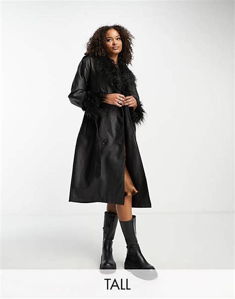 Urban Code Tall Longline Pu Trench Coat With Faux Shaggy Fur Collar In